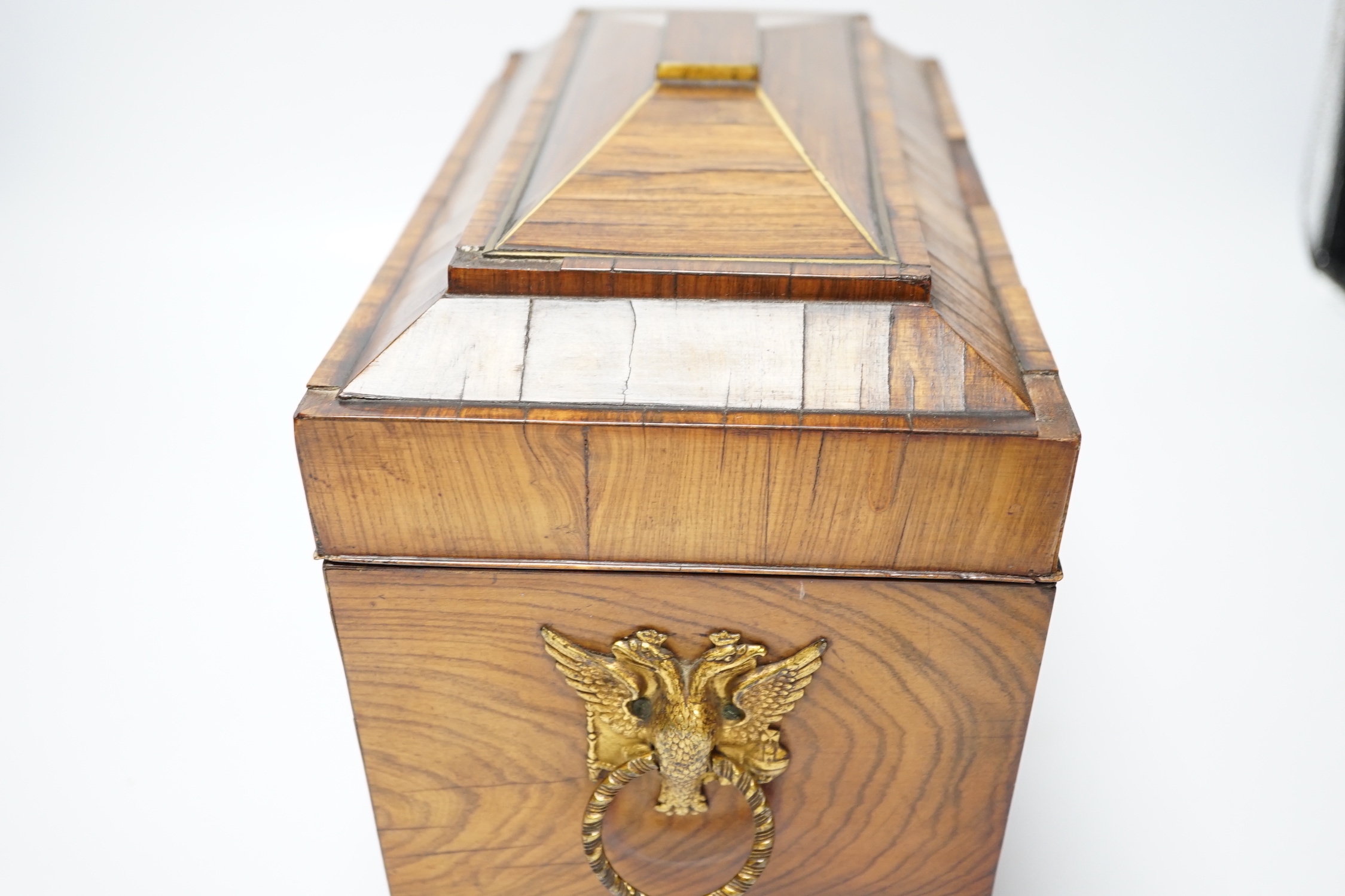 A Regency kingwood and brass strung sarcophagus tea caddy, manufacturers label for Staudenmeyer, 30 Cockspur Street, Charing Cross, London, double headed eagle handles, 21.5cm high, 30.5cm wide, 15cm deep
